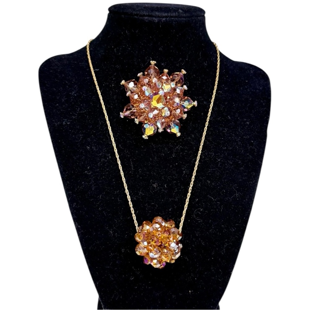 Vintage Amber Aurora Borealis Crystal Bead Jewelry Set, Brooch Pin & Necklace